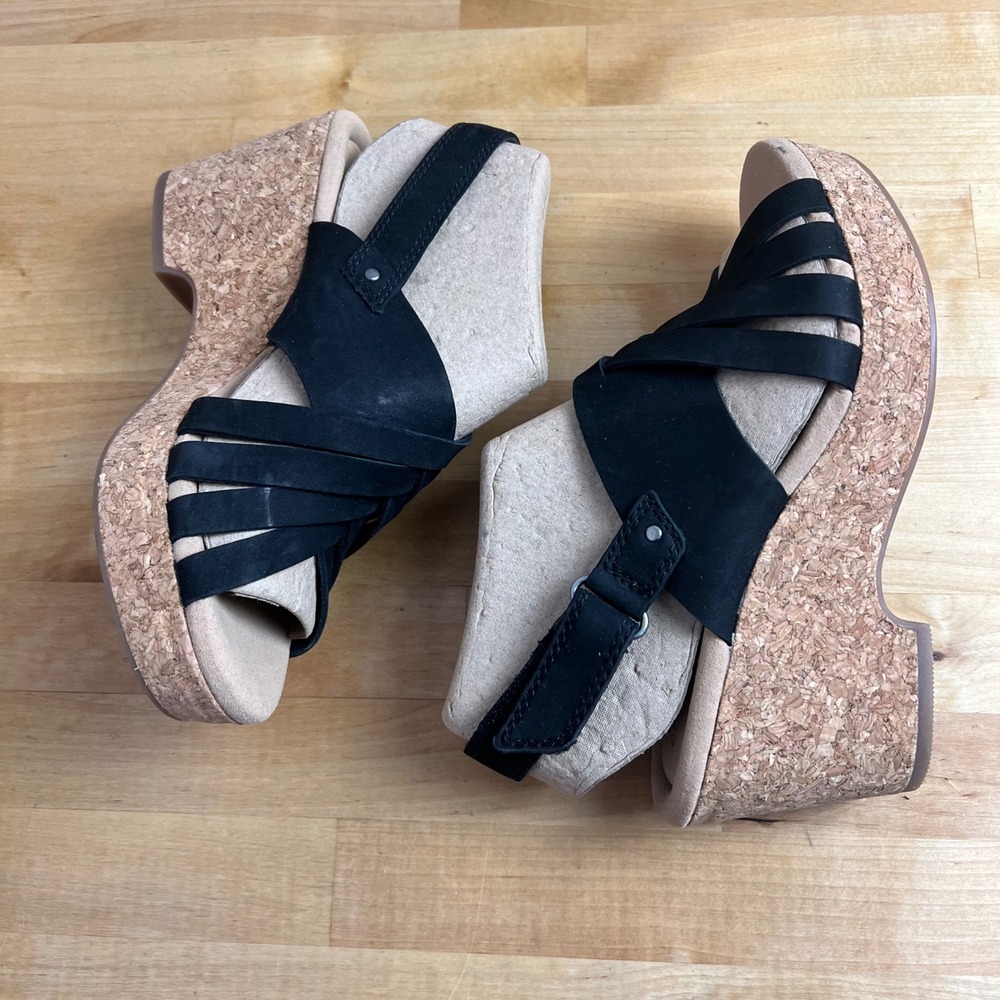 Clarks Wedges Giselle‎ Black Suede Strappy Cork Platform Sandals Size 6.5 - Picture 8 of 13